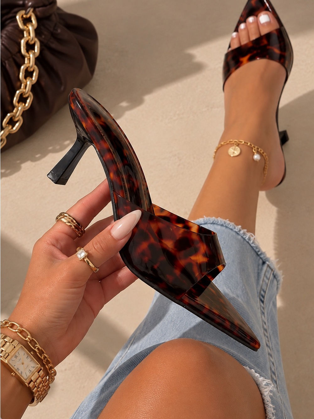 🤎 Tortoise Print Open-Toe Pointed Mule Heels – 2.75” Mid Heel
